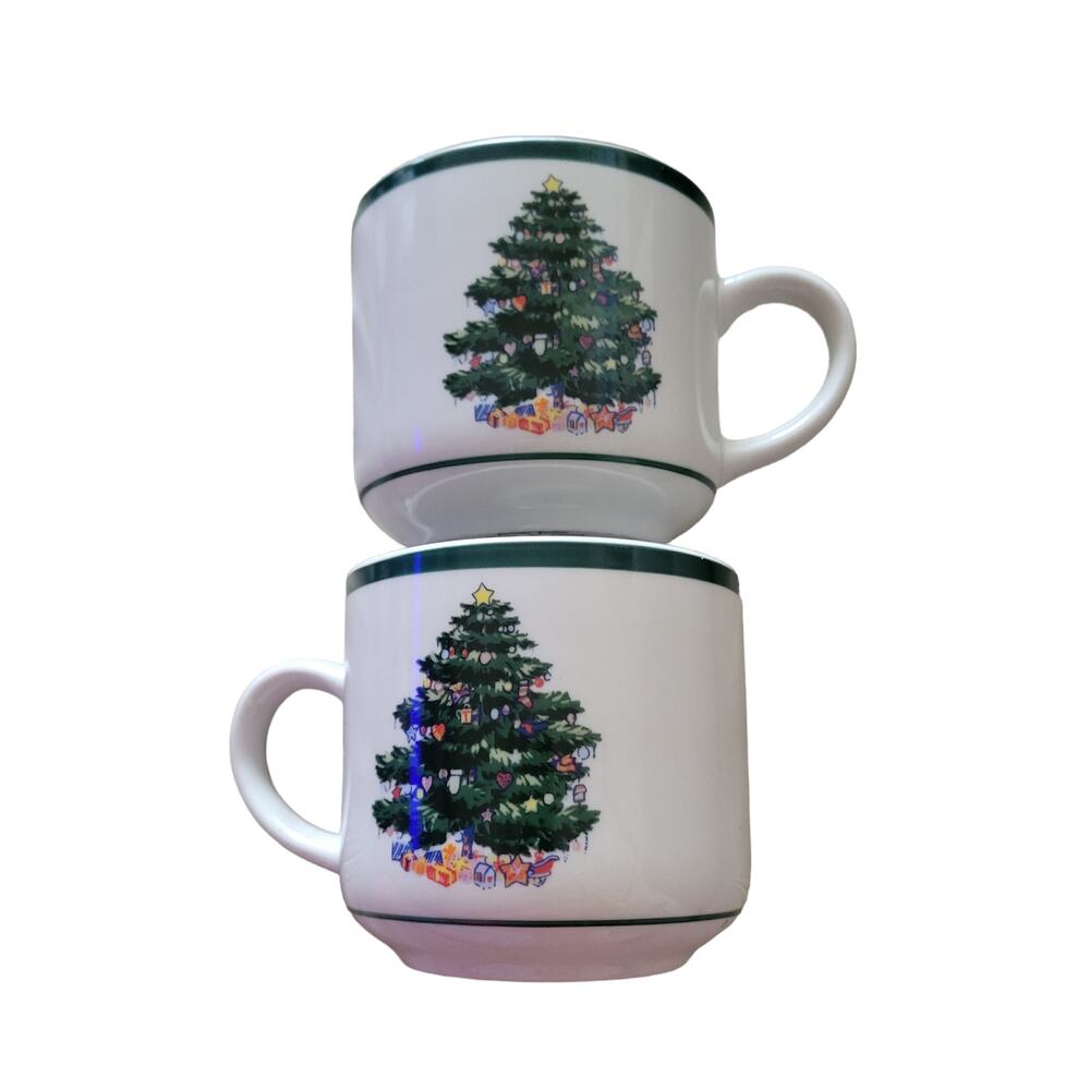 Christmas Tree Cups Mugs by Totally Today – White‎ with Green Trim – Set of Two